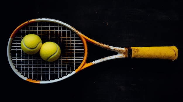 Old dust tennis racket with two tennis balls on it