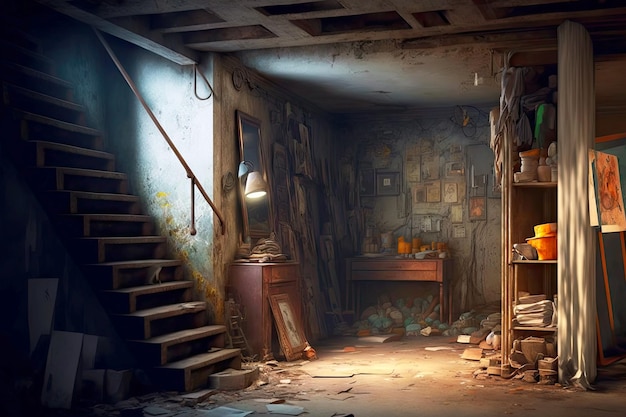 Old dusty abandoned basement with cabinets and paintings