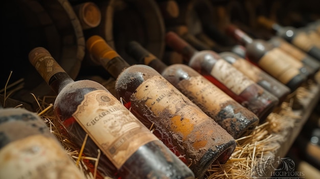 Old dusty wine bottles in a cellar