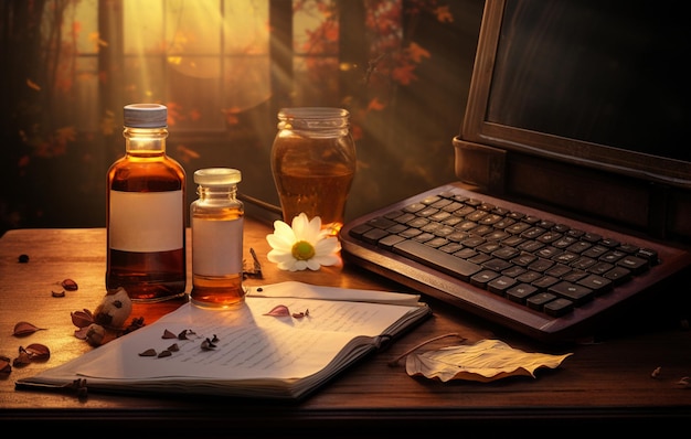 Old dusty workspace with notebook flowers and cosmetic bottles on window