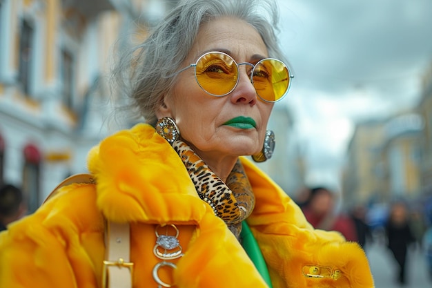 Старуха красивая женщина седые волосы в модном наряде старшая уличная мода
