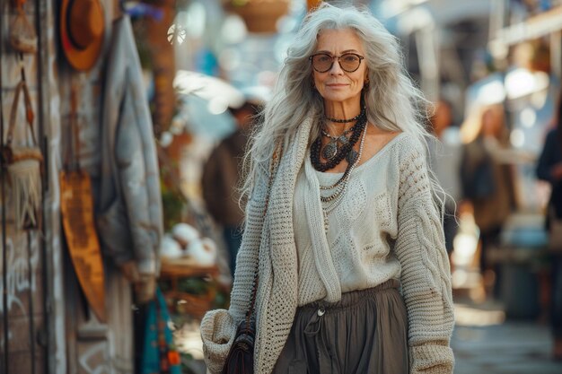 Old elderly beautiful woman gray hair in trendy fashion outfit Senior street fashion