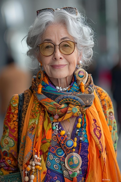 Old elderly beautiful woman gray hair in trendy fashion outfit Senior street fashion