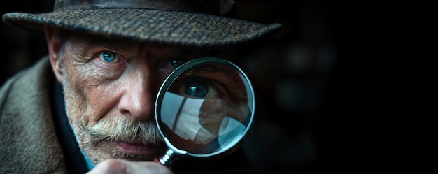 Photo old elderly investigator man detective with a mustache in hat looks through a magnifying glass closeup