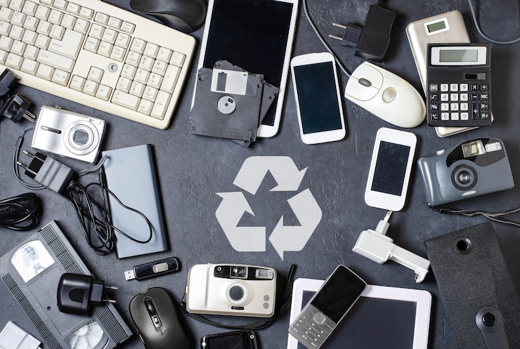 Old electronic devices on a dark background The concept of recycling and disposal of electronic waste