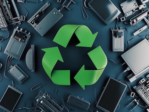 Photo old electronic devices and recycle logo e waste and recycling concept