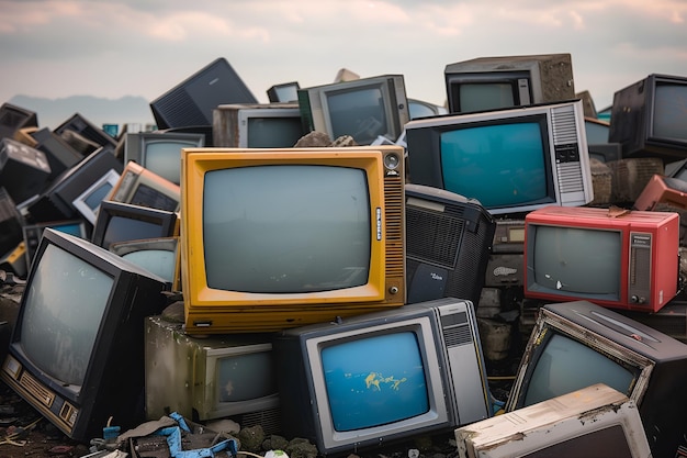 Old electronic devices televisions E waste and recycling concept