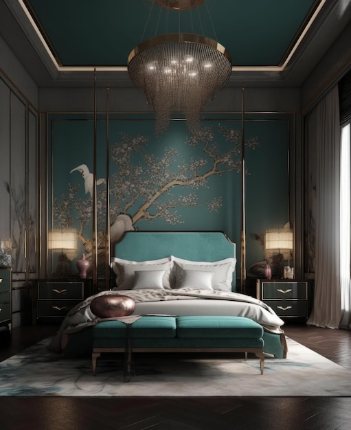 old and elegant sleeping room blue wall with drawing decoration old lamp on the ceiling