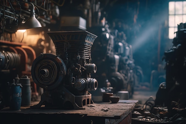 Old empty mechanical workshop with many messy things created by generative AI