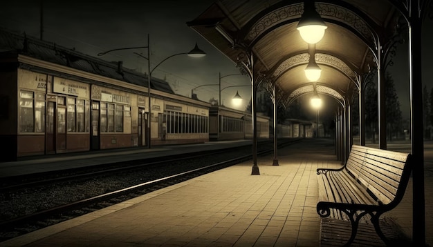 Старый и пустой железнодорожный вокзал в городе с генеративным ИИ