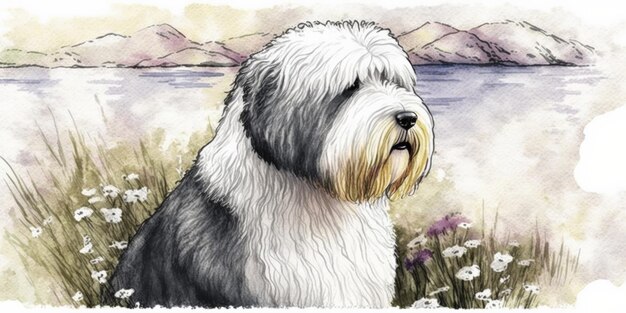 Photo old english sheepdog. watercolor painting.