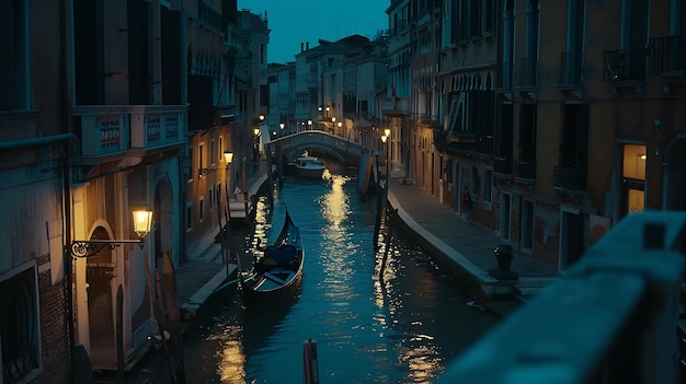 Old European illuminated town at night Venice Italy Generative AI