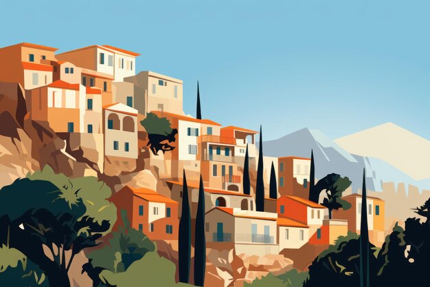 Old european town in the mountains Vector illustration in cartoon style