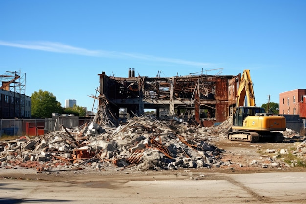 Photo old factory site being torn down for new construction construction site close to pavement under sunshine ai generated