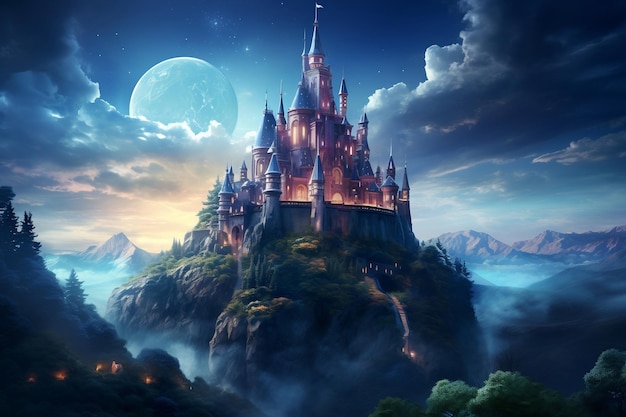 An Old Fairytale Castle on a Hill Fantasy Illustration Generative Ai