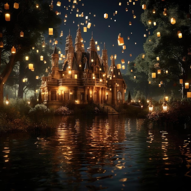 Old fairytale castle with glowing lanterns in a dreamlike setting