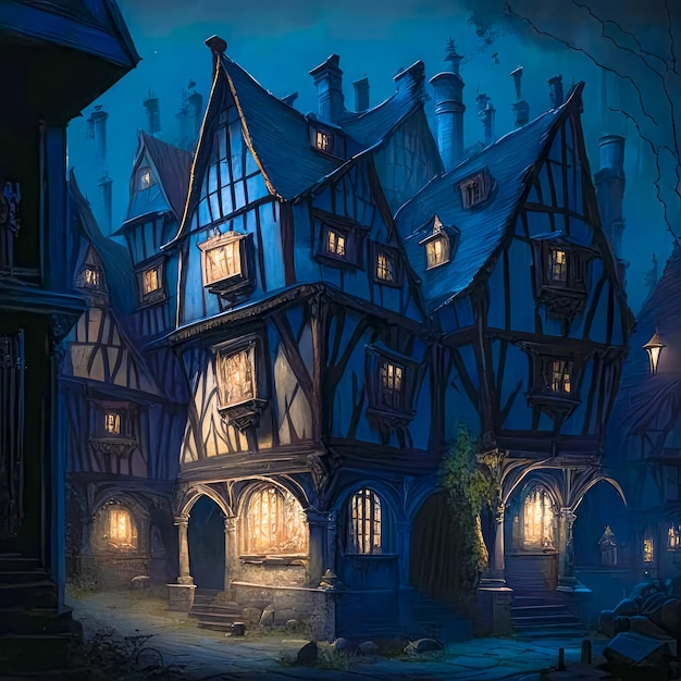 Old fantastic gothic houses on a medieval street Generative AI