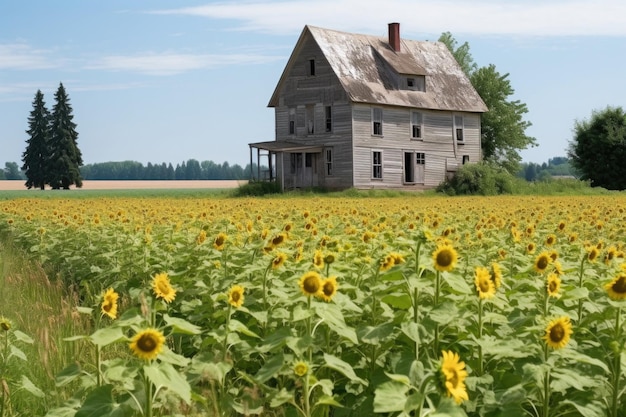 Old farmhouse with sunflower fields in the background roadside attraction created with generative ai