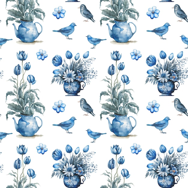 Old fashion hand-drawn rustic elements. Blue decorated vases with tulips. Birds pattern.