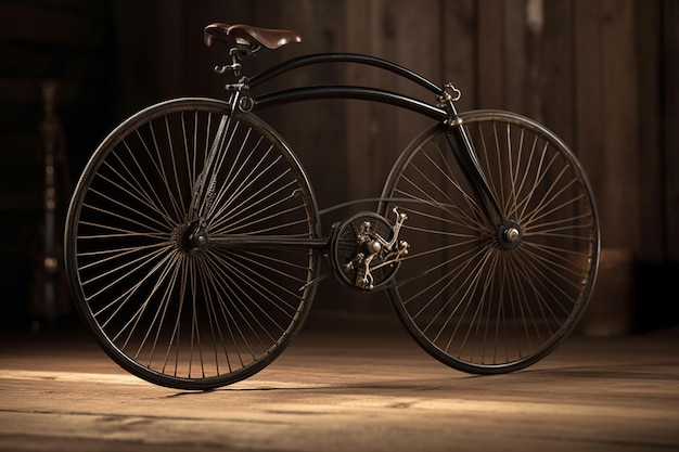 An old fashioned bicycle is on a wooden floor.