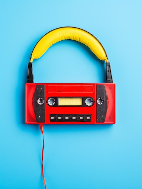 Photo old fashioned blue audio cassette in red headset showing concept of listening to music against