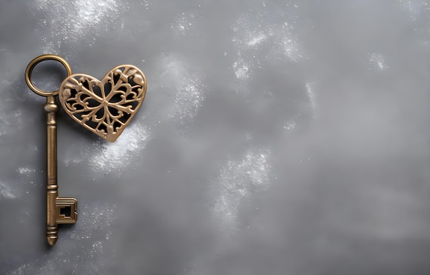 old fashioned bronze key and wooden heart shapes on grey snowy background top view