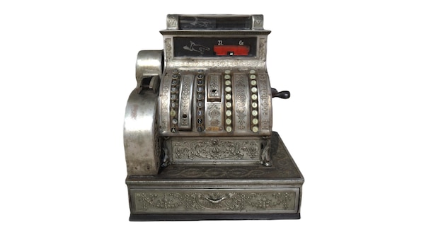 An old fashioned cash register with the number 1 on the top.