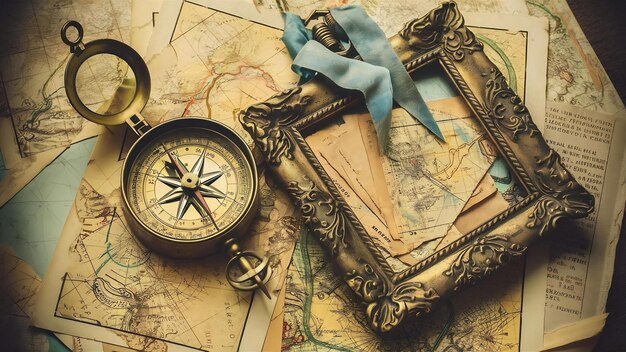 Old fashioned compass and frame on maps