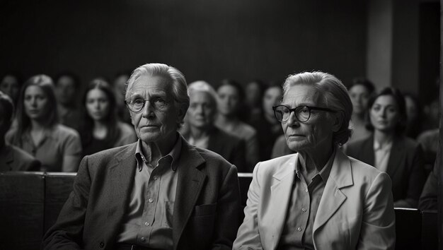 Фото Старомодная пара старика и женщины в очках сидят в зале за ними другие люди