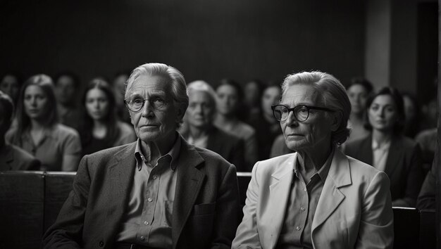 old fashioned couple of old man and woman wearing glasses sitting in hall behind them other people