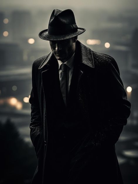 Photo old fashioned detective in a hat on a night city background black and white