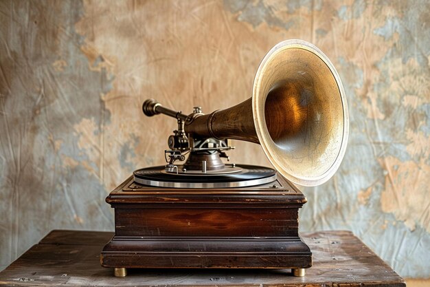 An old fashioned gramophone with its br horn gleam generative ai