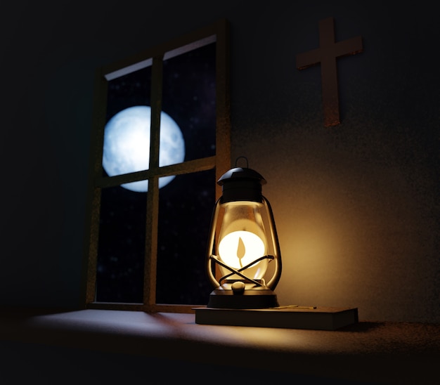 Old fashioned kerosene lantern style oil lamp burning in night with a soft glow in old church with cross on wall and full moon outside of the window