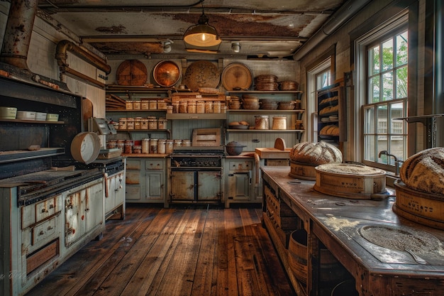 An old fashioned kitchen with lots of pots and pans