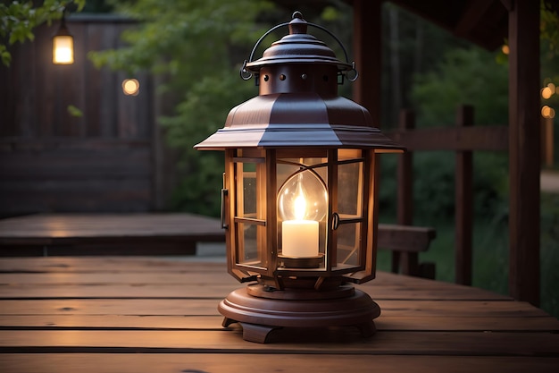 Old fashioned lantern illuminates rustic wooden table outdoors generated