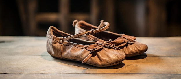 最新のバレリーナのための古い革のバレエ靴を暗い背景で