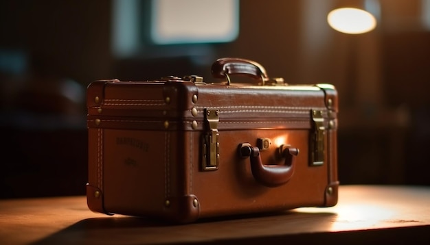 Old fashioned leather suitcase packed for adventure generated by AI