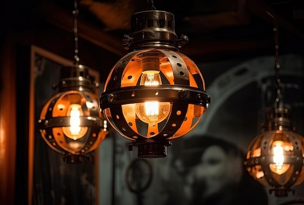 old fashioned lighting fixtures are hanging in the dark room