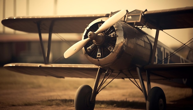 Old fashioned military airplane with propeller and steel aircraft wing flying outdoors generated by AI