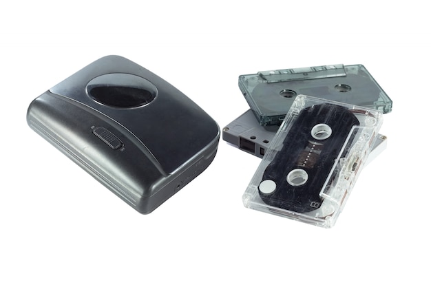 Old fashioned music of cassette player and cassette tape isolated