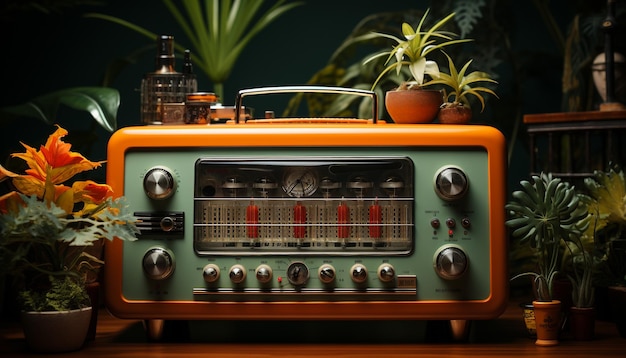 Foto la radio vecchio stile su un tavolo di legno porta negli interni un'eleganza nostalgica generata dall'intelligenza artificiale