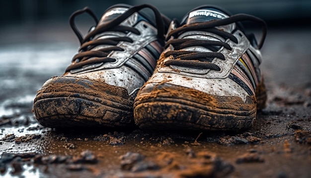 Photo old fashioned sports shoe undone lace walking in muddy nature generated by artificial intelligence