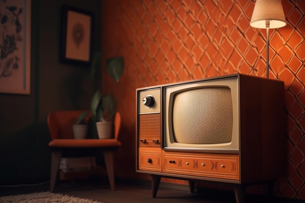 An old fashioned television set is in a living room with a plant on the wall.