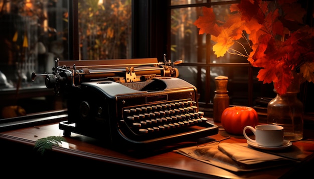 An old fashioned typewriter on a rustic wooden table a nostalgic image generated by artificial intelligence