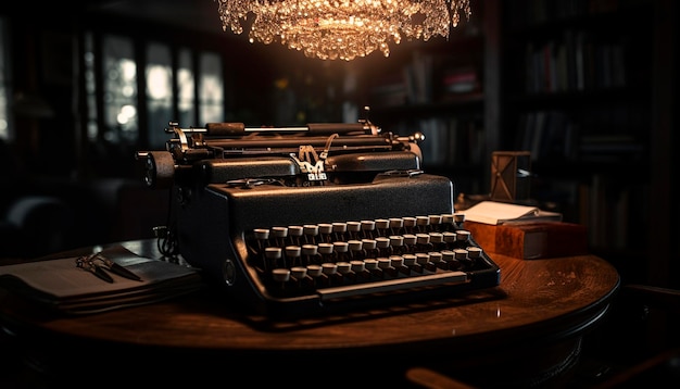 Старомодная пишущая машинка на деревянном столе вызывает ностальгию и творчество, порожденное искусственным интеллектом
