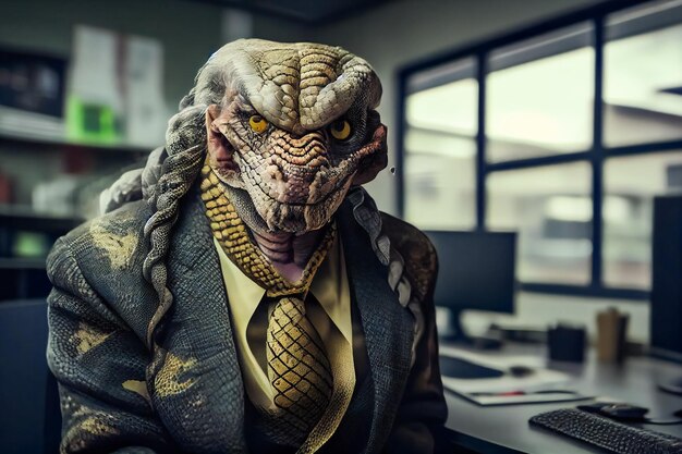 ビジネスオフィスでプロの格好で蛇のような特徴を持つ老婦人 ジェネレーティブAI