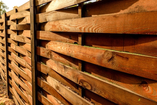土地の周りの木製の板の古いフェンス