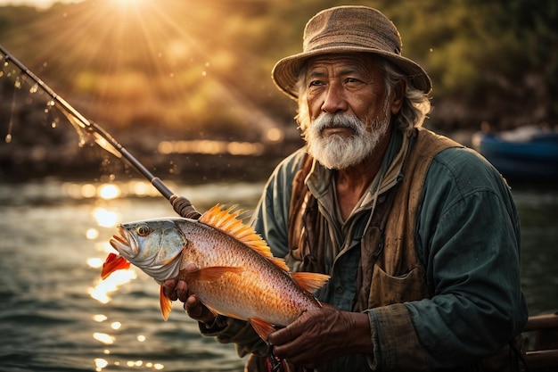 Foto vecchio pescatore con un pesce