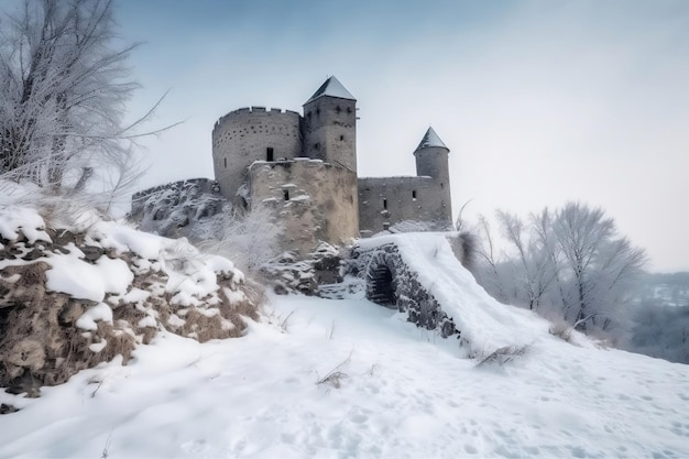 Old and forgotten medieval castle and cold winter landscape covered under snow generative ai