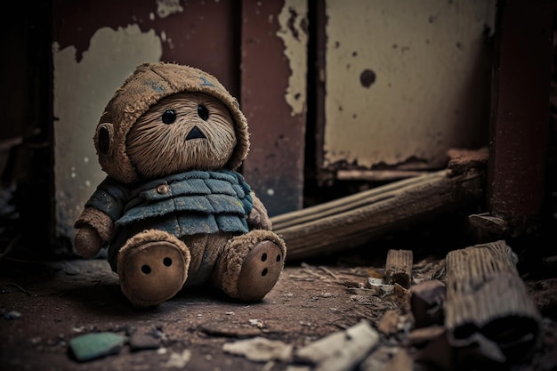 Old forgotten wooden toy in sad mood